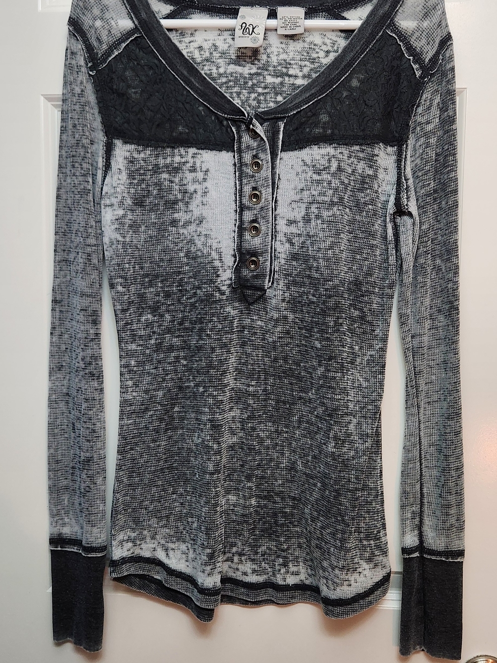 ANK Brand, Women's XL. Black Acid-Wash Henley with Lace (not See through) Yoke.